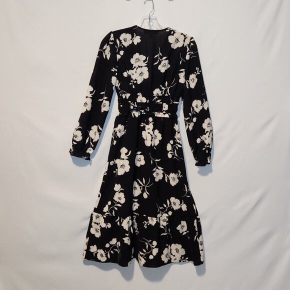 Monteau Black White Floral Print Day Dress w/Elastic Gathered Waist- Small - Picture 9 of 12